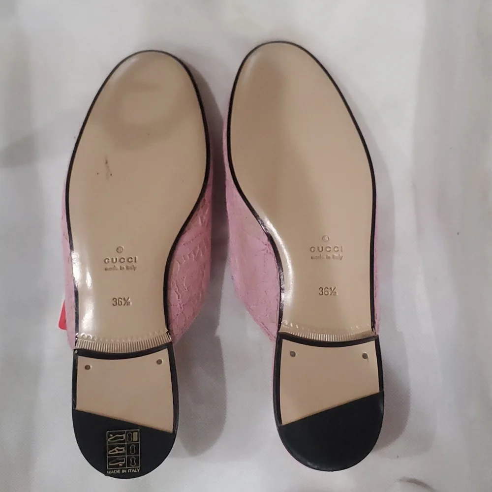 Gucci Pricetown Horsebit Lace Leather Pink Nude Mule Loafer Slipper Flat 36.5 - Picture 5 of 8